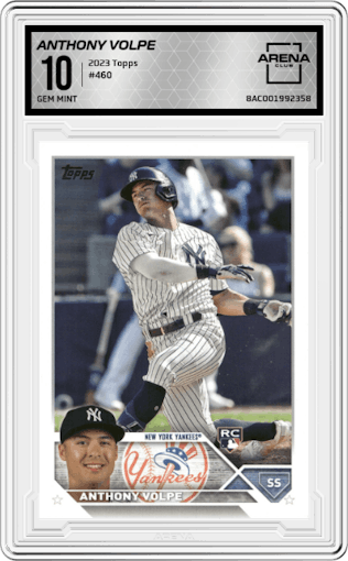 Anthony Volpe from the 2023 Topps Series 2 set graded by Arena Club and given an overall grade of 10.