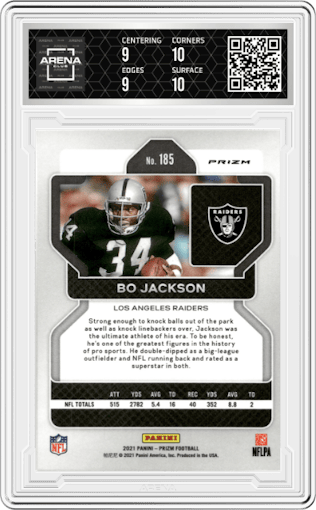 Bo Jackson from the 2021 Panini Prizm set featuring a Disco parallel graded by Arena Club and given an overall grade of 9.5.