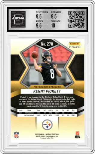 Kenny Pickett from the 2022 Panini Mosaic set featuring a Reactive Orange parallel graded by Arena Club and given an overall grade of 10.