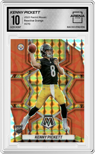 Kenny Pickett from the 2022 Panini Mosaic set featuring a Reactive Orange parallel graded by Arena Club and given an overall grade of 10.
