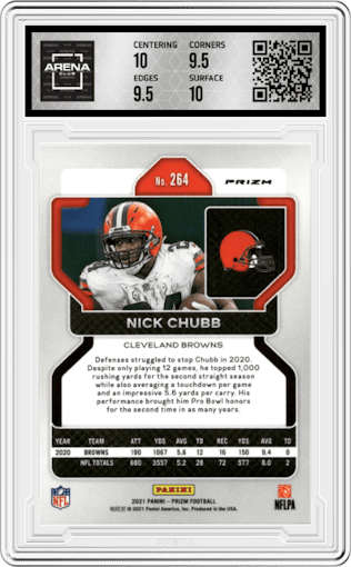 Nick Chubb from the 2021 Panini Prizm set featuring a Disco parallel graded by Arena Club and given an overall grade of 10.
