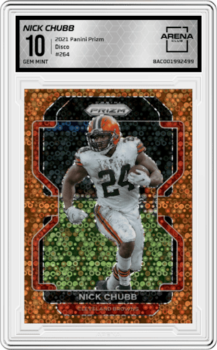 Nick Chubb from the 2021 Panini Prizm set featuring a Disco parallel graded by Arena Club and given an overall grade of 10.
