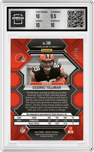 Cedric Tillman from the 2023 Panini Mosaic set featuring a Gold parallel graded by Arena Club and given an overall grade of 10.