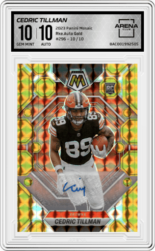 Cedric Tillman from the 2023 Panini Mosaic set featuring a Gold parallel graded by Arena Club and given an overall grade of 10.