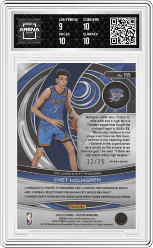 Chet Holmgren from the 2022-23 Panini Spectra set featuring a Asia Red & Yellow parallel graded by Arena Club and given an overall grade of 9.5.