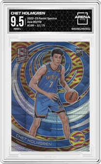 Chet Holmgren from the 2022-23 Panini Spectra set featuring a Asia Red & Yellow parallel graded by Arena Club and given an overall grade of 9.5.