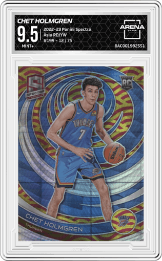 Chet Holmgren from the 2022-23 Panini Spectra set featuring a Asia Red & Yellow parallel graded by Arena Club and given an overall grade of 9.5.