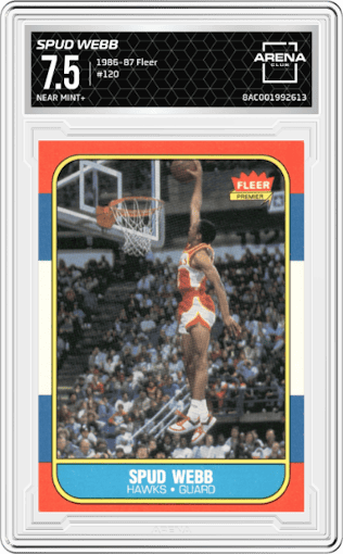 Spud Webb from the 1986-87 Fleer set graded by Arena Club and given an overall grade of 7.5.