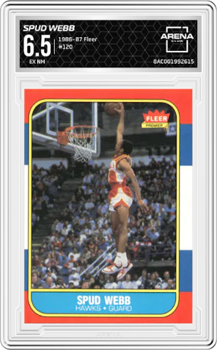Spud Webb from the 1986-87 Fleer set graded by Arena Club and given an overall grade of 6.5.