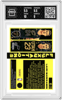 Lauri Markkanen from the 2022-23 Panini Flux set graded by Arena Club and given an overall grade of 9.5.