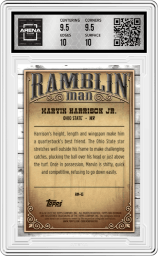Marvin Harrison Jr. from the 2023 Bowman Chrome University set graded by Arena Club and given an overall grade of 10.