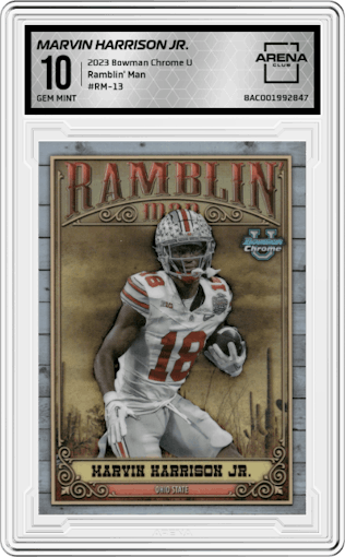 Marvin Harrison Jr. from the 2023 Bowman Chrome University set graded by Arena Club and given an overall grade of 10.
