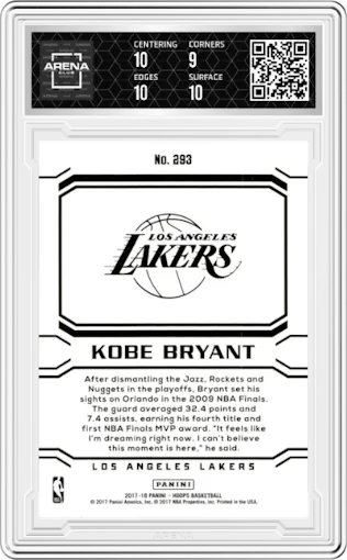 Kobe Bryant from the 2017-18 Panini NBA Hoops set graded by Arena Club and given an overall grade of 9.5.