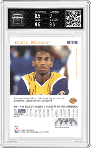 Kobe Bryant from the 1997-98 Fleer set graded by Arena Club and given an overall grade of 9.