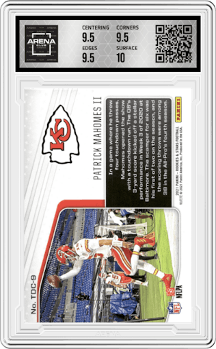 Patrick Mahomes II from the 2021 Panini Rookies & Stars set graded by Arena Club and given an overall grade of 10.