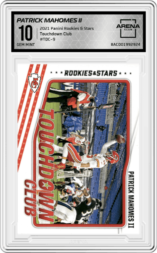 Patrick Mahomes II from the 2021 Panini Rookies & Stars set graded by Arena Club and given an overall grade of 10.