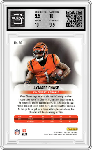 Ja'Marr Chase from the 2023 Panini Prestige set featuring a Xtra Points Blue parallel graded by Arena Club and given an overall grade of 10.
