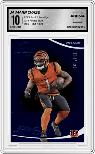 Ja'Marr Chase from the 2023 Panini Prestige set featuring a Xtra Points Blue parallel graded by Arena Club and given an overall grade of 10.