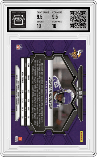 Jordan Addison from the 2023 Panini Mosaic set featuring a Pink Camo parallel graded by Arena Club and given an overall grade of 10.