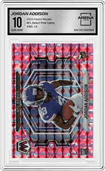 Jordan Addison from the 2023 Panini Mosaic set featuring a Pink Camo parallel graded by Arena Club and given an overall grade of 10.
