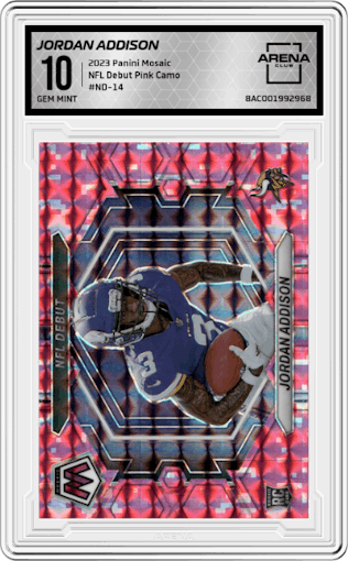 Jordan Addison from the 2023 Panini Mosaic set featuring a Pink Camo parallel graded by Arena Club and given an overall grade of 10.