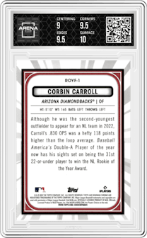Corbin Carroll from the 2023 Bowman Mega Box set graded by Arena Club and given an overall grade of 9.5.