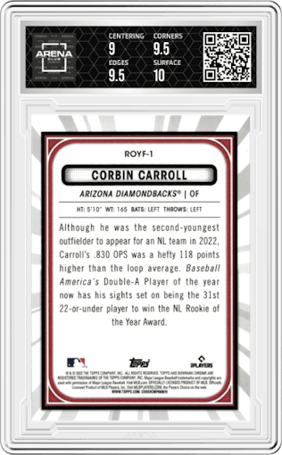 Corbin Carroll from the 2023 Bowman Mega Box set graded by Arena Club and given an overall grade of 9.5.