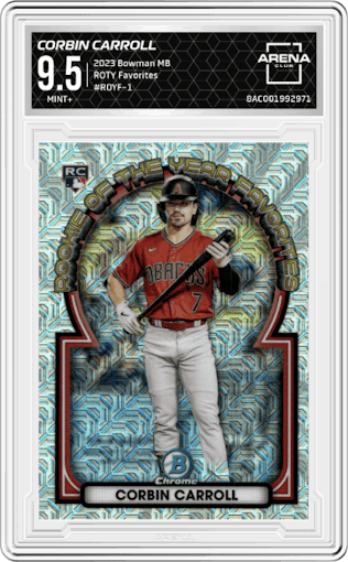 Corbin Carroll from the 2023 Bowman Mega Box set graded by Arena Club and given an overall grade of 9.5.