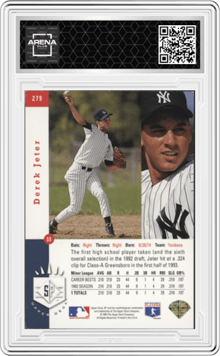 Derek Jeter from the 1993 Upper Deck SP set featuring a Foil parallel graded by Arena Club and given an overall grade of -1.