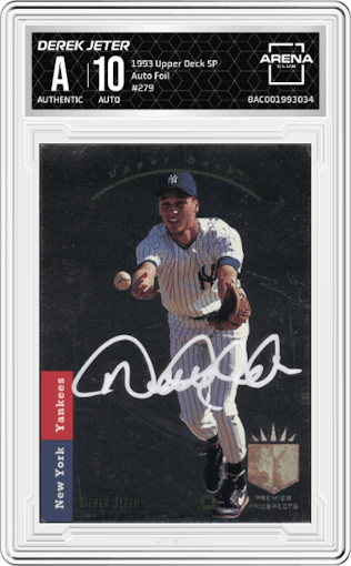 Derek Jeter from the 1993 Upper Deck SP set featuring a Foil parallel graded by Arena Club and given an overall grade of -1.