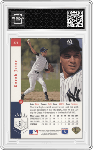 Derek Jeter from the 1993 Upper Deck SP set featuring a Foil parallel graded by Arena Club and given an overall grade of -1.