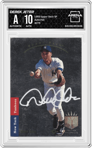 Derek Jeter from the 1993 Upper Deck SP set featuring a Foil parallel graded by Arena Club and given an overall grade of -1.