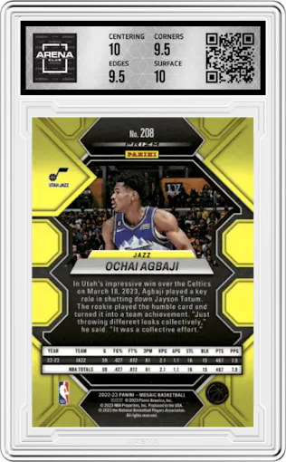 Ochai Agbaji  from the 2022-23 Panini Mosaic set featuring a Reactive Yellow parallel graded by Arena Club and given an overall grade of 10.