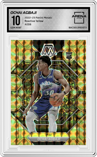 Ochai Agbaji  from the 2022-23 Panini Mosaic set featuring a Reactive Yellow parallel graded by Arena Club and given an overall grade of 10.