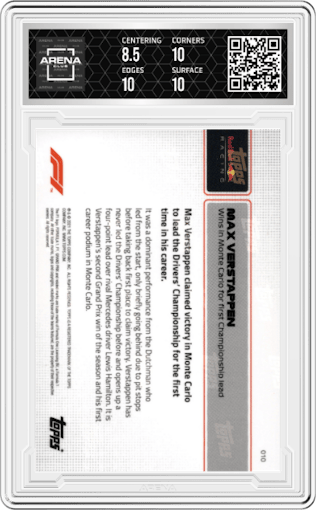 Max Verstappen from the 2021 Topps Now F1 set graded by Arena Club and given an overall grade of 9.