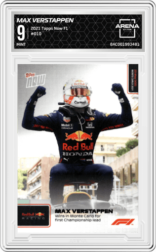 Max Verstappen from the 2021 Topps Now F1 set graded by Arena Club and given an overall grade of 9.