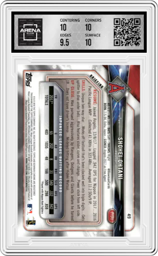 Shohei Ohtani from the 2018 Bowman set graded by Arena Club and given an overall grade of 10.