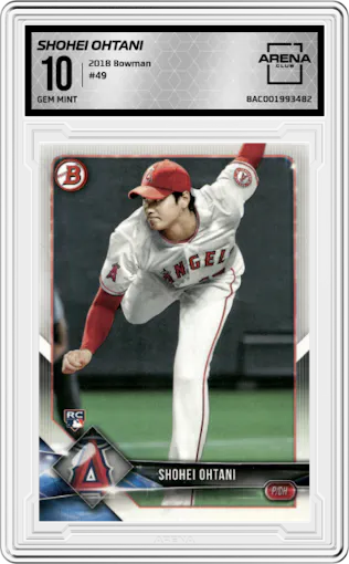 Shohei Ohtani from the 2018 Bowman set graded by Arena Club and given an overall grade of 10.