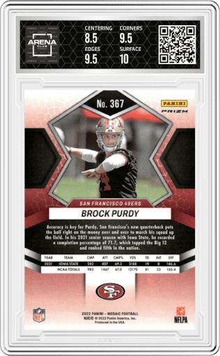 Brock Purdy from the 2022 Panini Mosaic set featuring a Pink Camo parallel graded by Arena Club and given an overall grade of 9.
