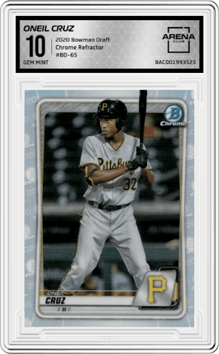 Oneil Cruz from the 2020 Bowman Draft set featuring a Refractor parallel graded by Arena Club and given an overall grade of 10.