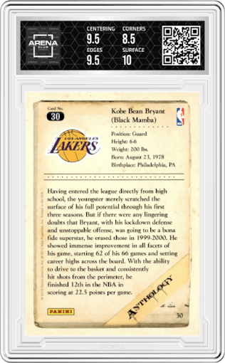 Kobe Bryant from the 2012-13 Panini Kobe Anthology  set graded by Arena Club and given an overall grade of 9.