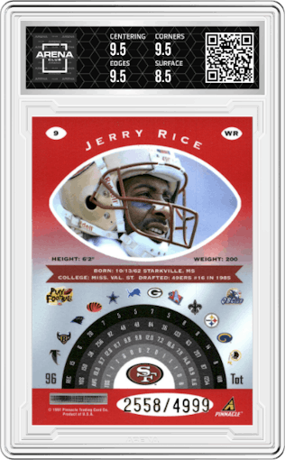 Jerry Rice from the 1997 Pinnacle Totally Certified set featuring a W/ Coating parallel graded by Arena Club and given an overall grade of 9.