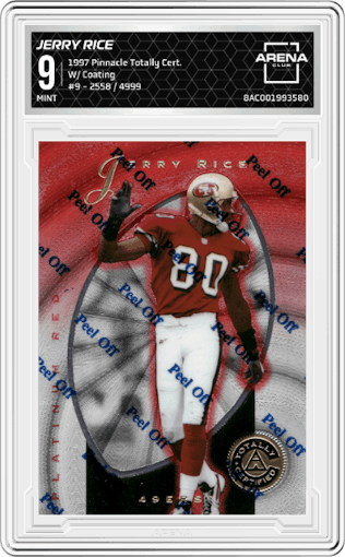 Jerry Rice from the 1997 Pinnacle Totally Certified set featuring a W/ Coating parallel graded by Arena Club and given an overall grade of 9.