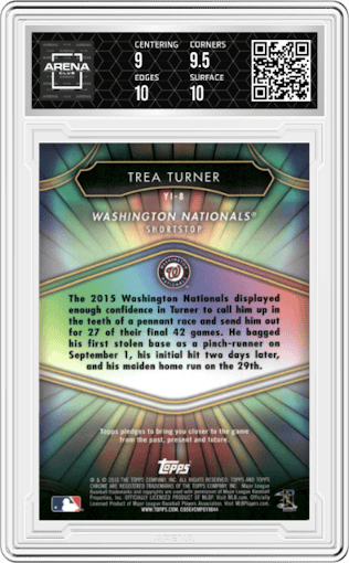 Trea Turner from the 2016 Topps Chrome set graded by Arena Club and given an overall grade of 9.5.