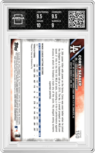 Corey Seager from the 2016 Topps Chrome set graded by Arena Club and given an overall grade of 9.5.