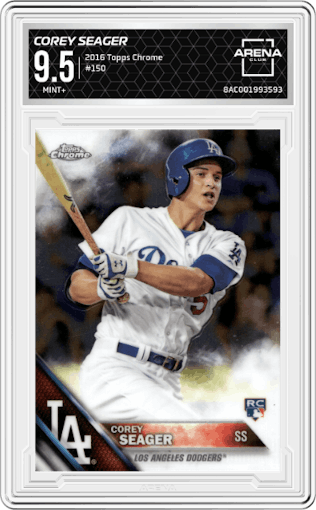 Corey Seager from the 2016 Topps Chrome set graded by Arena Club and given an overall grade of 9.5.