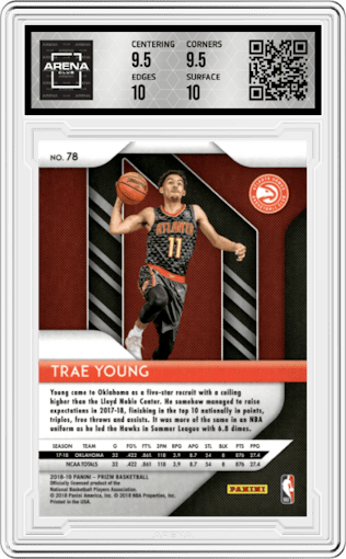 Trae Young from the 2018-19 Panini Prizm set graded by Arena Club and given an overall grade of 10.