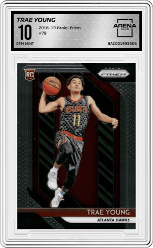 Trae Young from the 2018-19 Panini Prizm set graded by Arena Club and given an overall grade of 10.