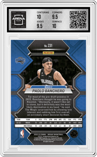 Paolo Banchero from the 2022-23 Panini Mosaic set graded by Arena Club and given an overall grade of 10.