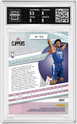 Shai Gilgeous-Alexander from the 2018-19 Panini Revolution  set featuring a Groove parallel graded by Arena Club and given an overall grade of 8.5.